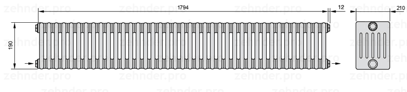 Схема (чертеж) Радиатор Zehnder Charleston 6019/39 №2670 Белый глянцевый RAL 9016